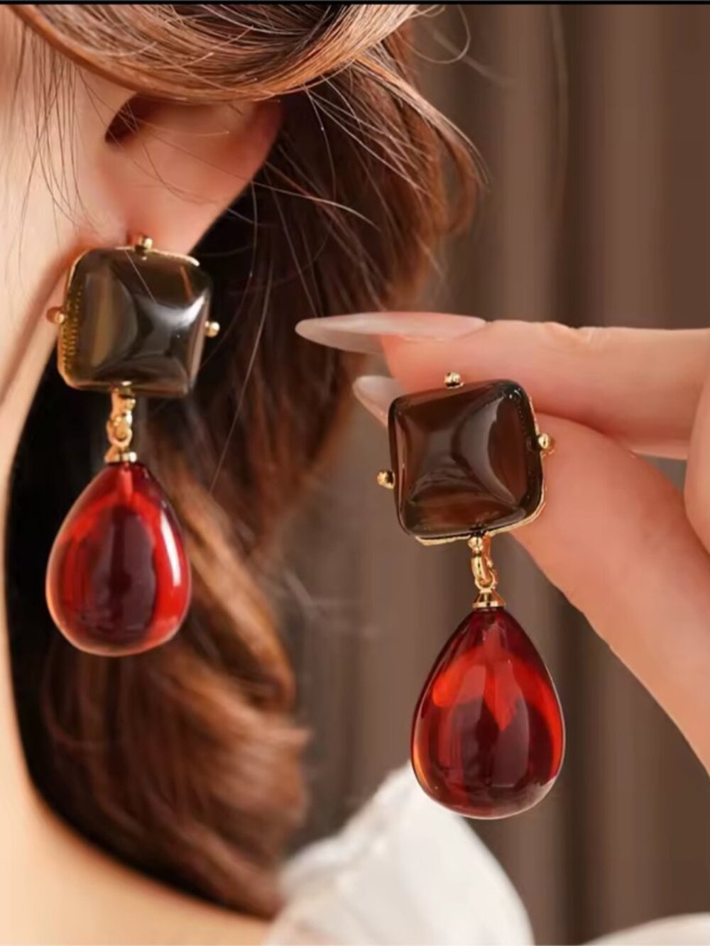 Vintage Gold-Tone Earrings with Smoky Top and Deep Red Teardrop Dangles - Picture 2 of 4